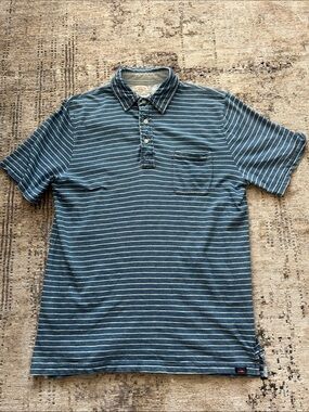 FAHERTY MENS CADET WHITE SHORT SLEEVE INDIGO-DYED STRIPED POLO